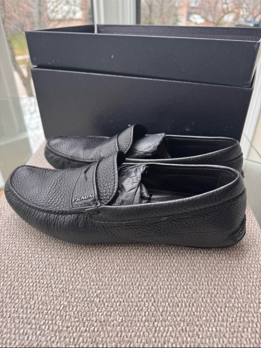 Prada Black Pebbled Leather Slip-On Loafers